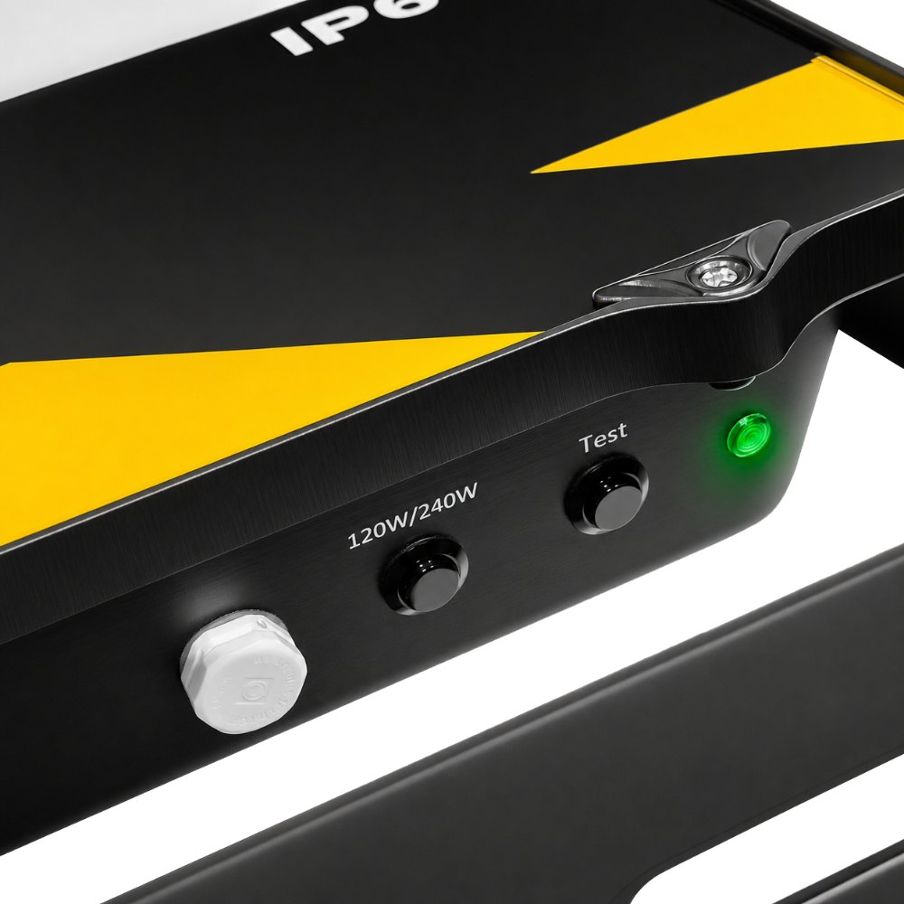 120W/240W selector, test button and charge indicator